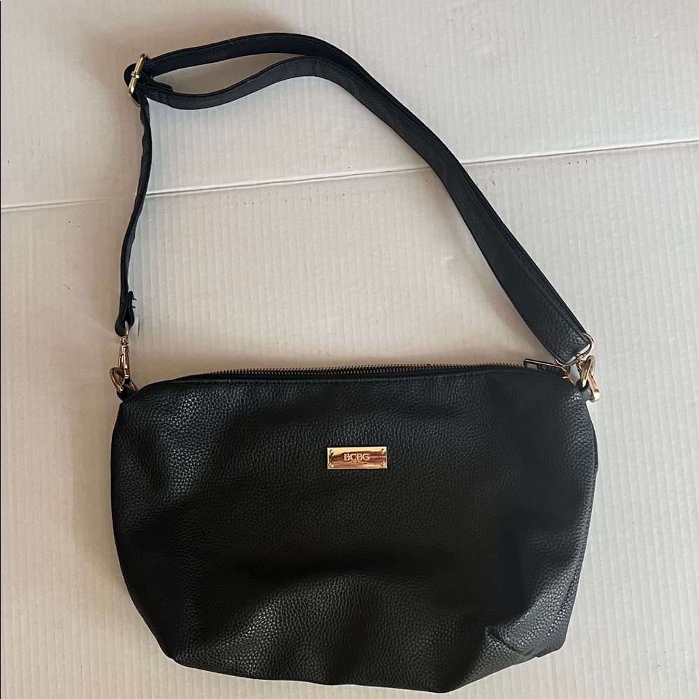 BCBGMaxAzria Black Pebbled Leather Crossbody with Gold Plaque